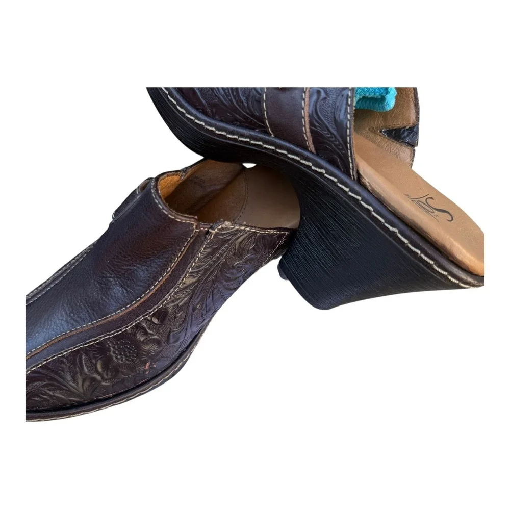 Söfft Tooled Brown Leather Slip-On Heeled‎ Mules Women's 7 - Picture 7 of 16